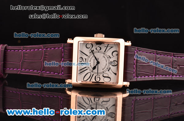 Franck Muller Master Square Swiss Quartz Rose Gold Case with Black Numeral Markers and Purple Leather Strap - Click Image to Close